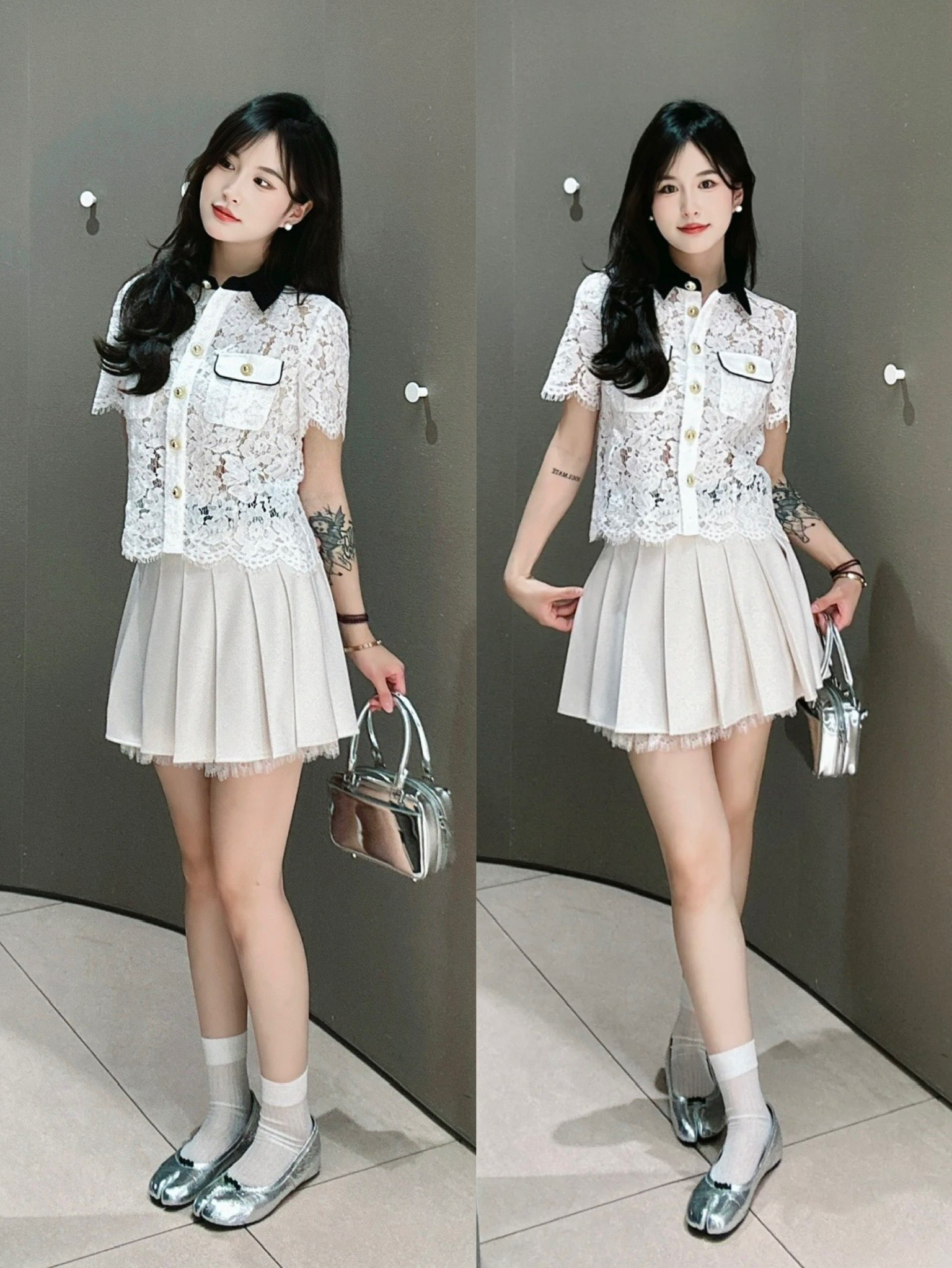 셀프 포트레이트 화이트 레이스 콘트라스트 칼라 셔츠