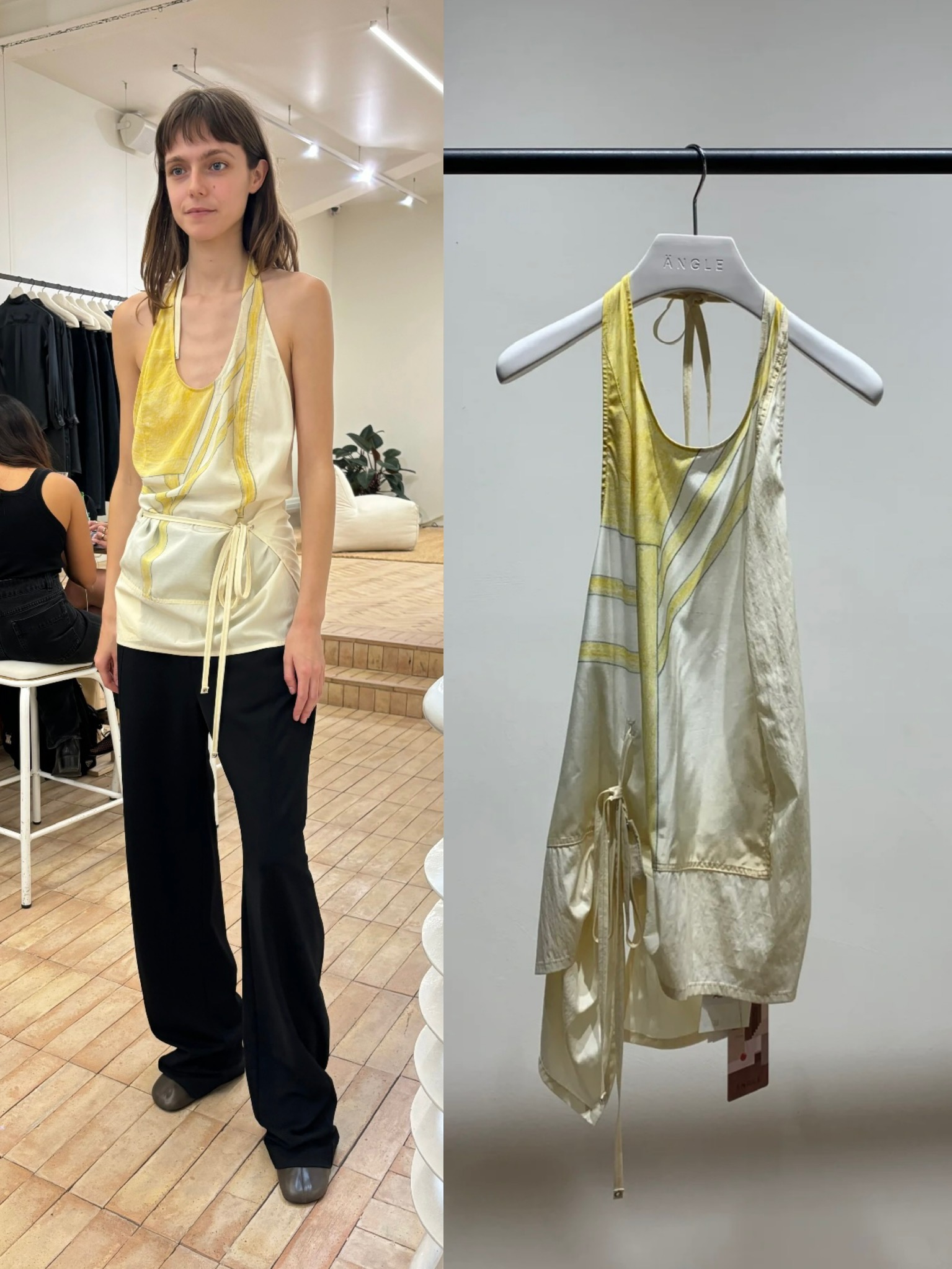 앵글(ANGLE) 스카프 프린트 홀터넥 오픈백 드로스트링 슬리브리스 탑