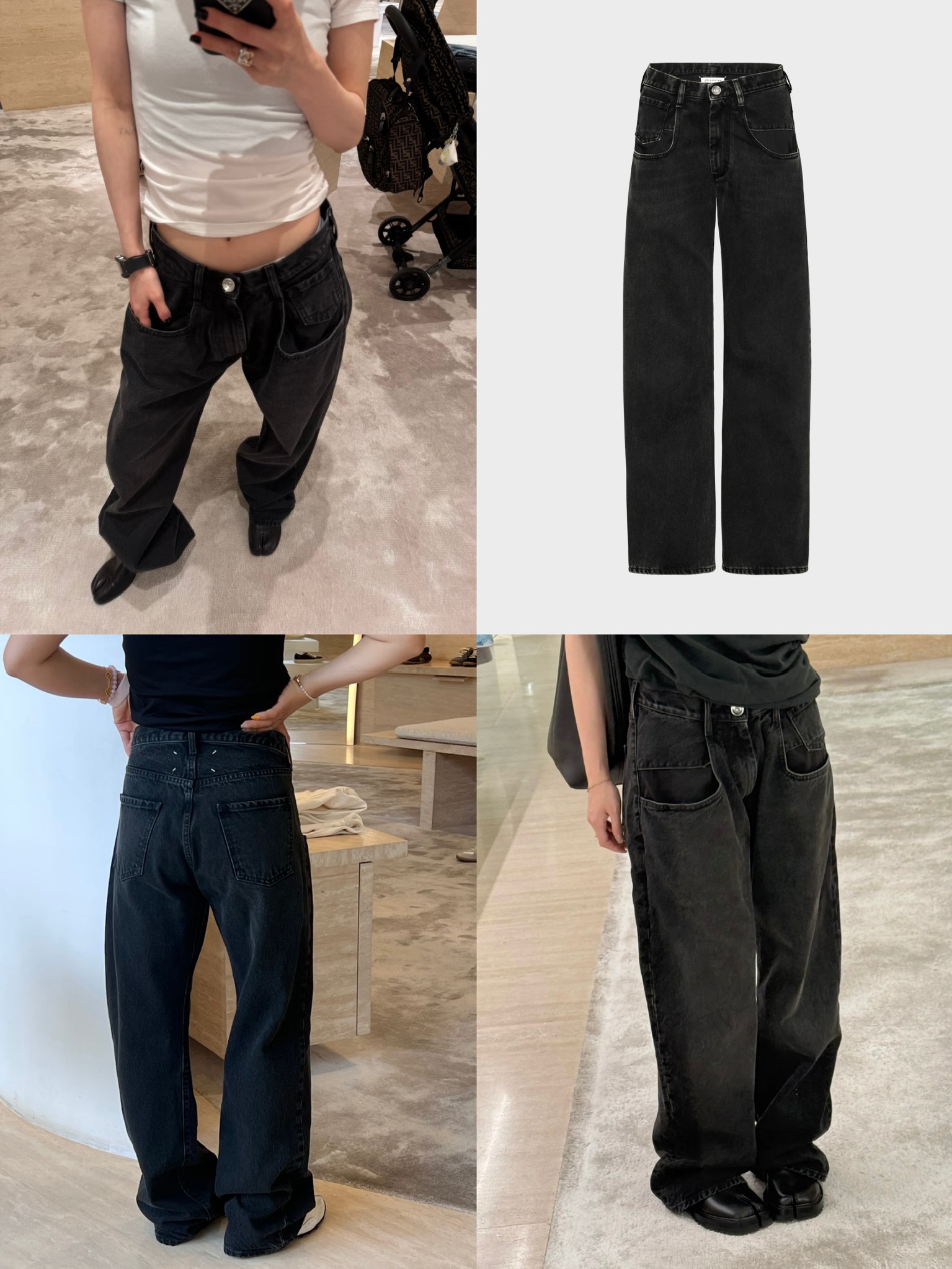 노브랜드 블랙 워시드 와이드 포켓 데님 진