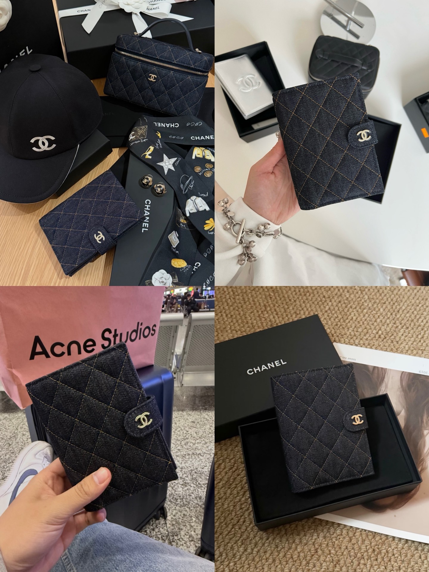 샤넬 퀼팅 데님 CC 로고 여권지갑