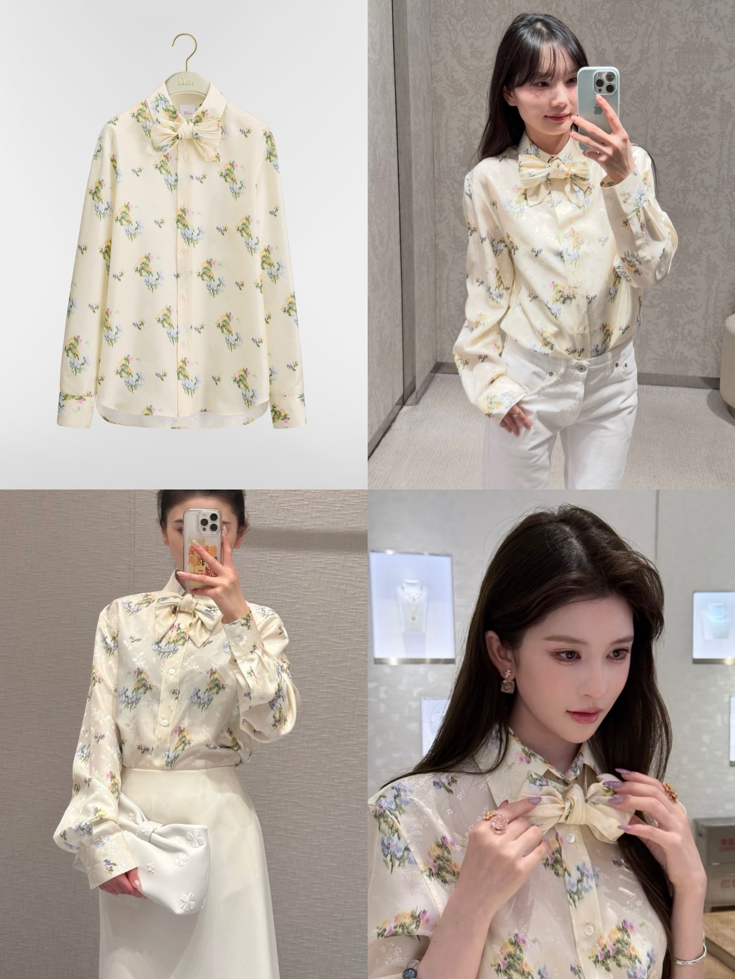 디올 시크릿 가든 플로럴 프린트 보우넥 실크 블라우스