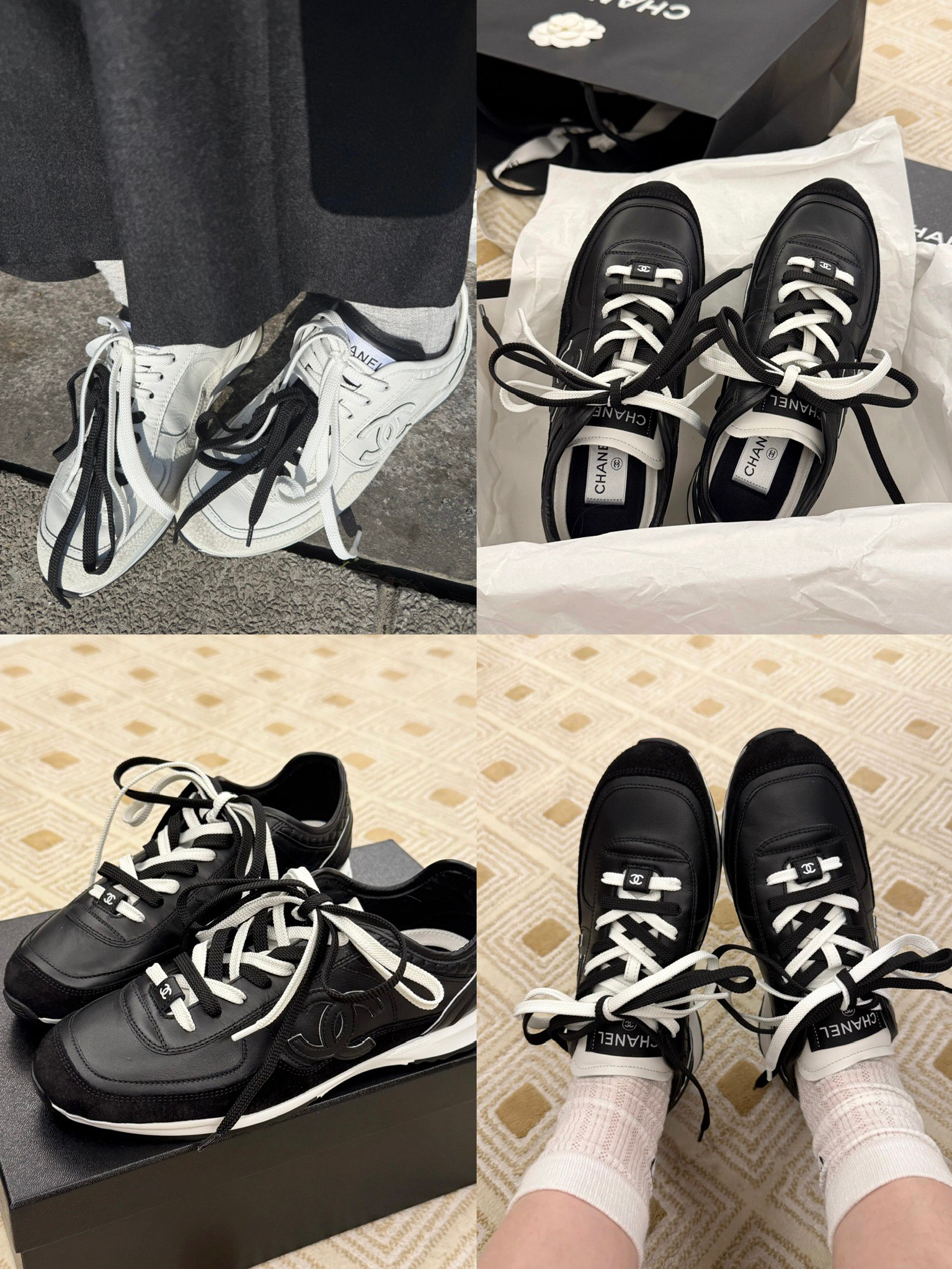 샤넬 CC 로고 더블 슈레이스 로우탑 스니커즈