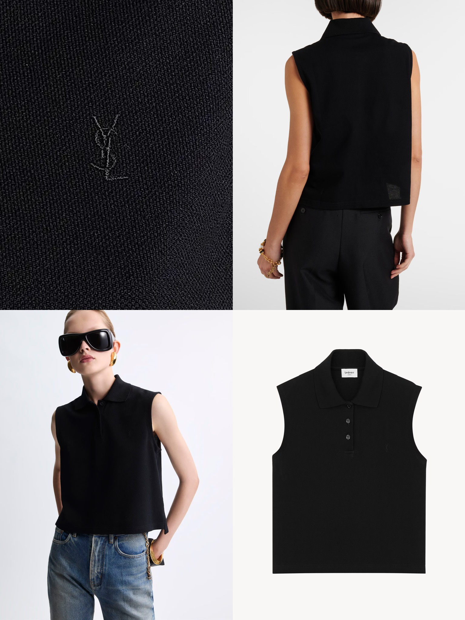 생 로랑 YSL 자수 슬리브리스 크롭 폴로 셔츠