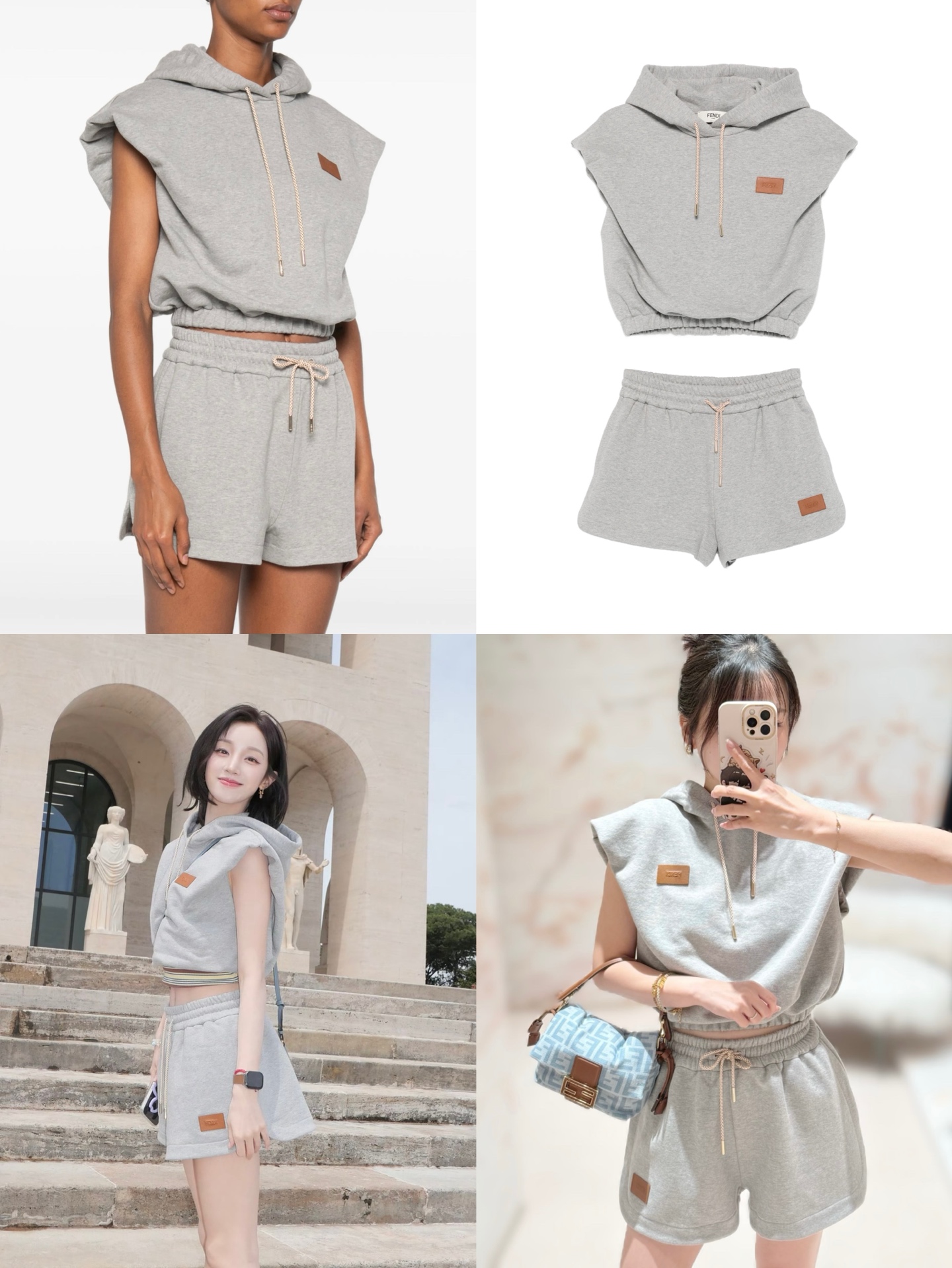 펜디 펜디 로마 가죽 패치 슬리브리스 후디 & 쇼츠 세트