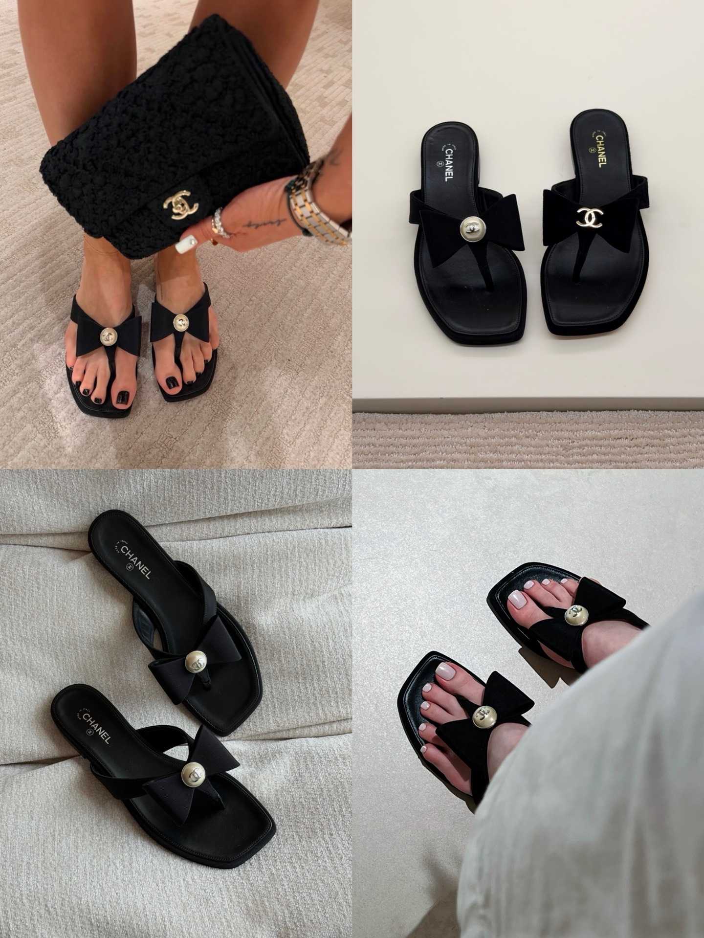 샤넬 CC 로고 진주 버튼 리본 토링 플랫 뮬 샌들