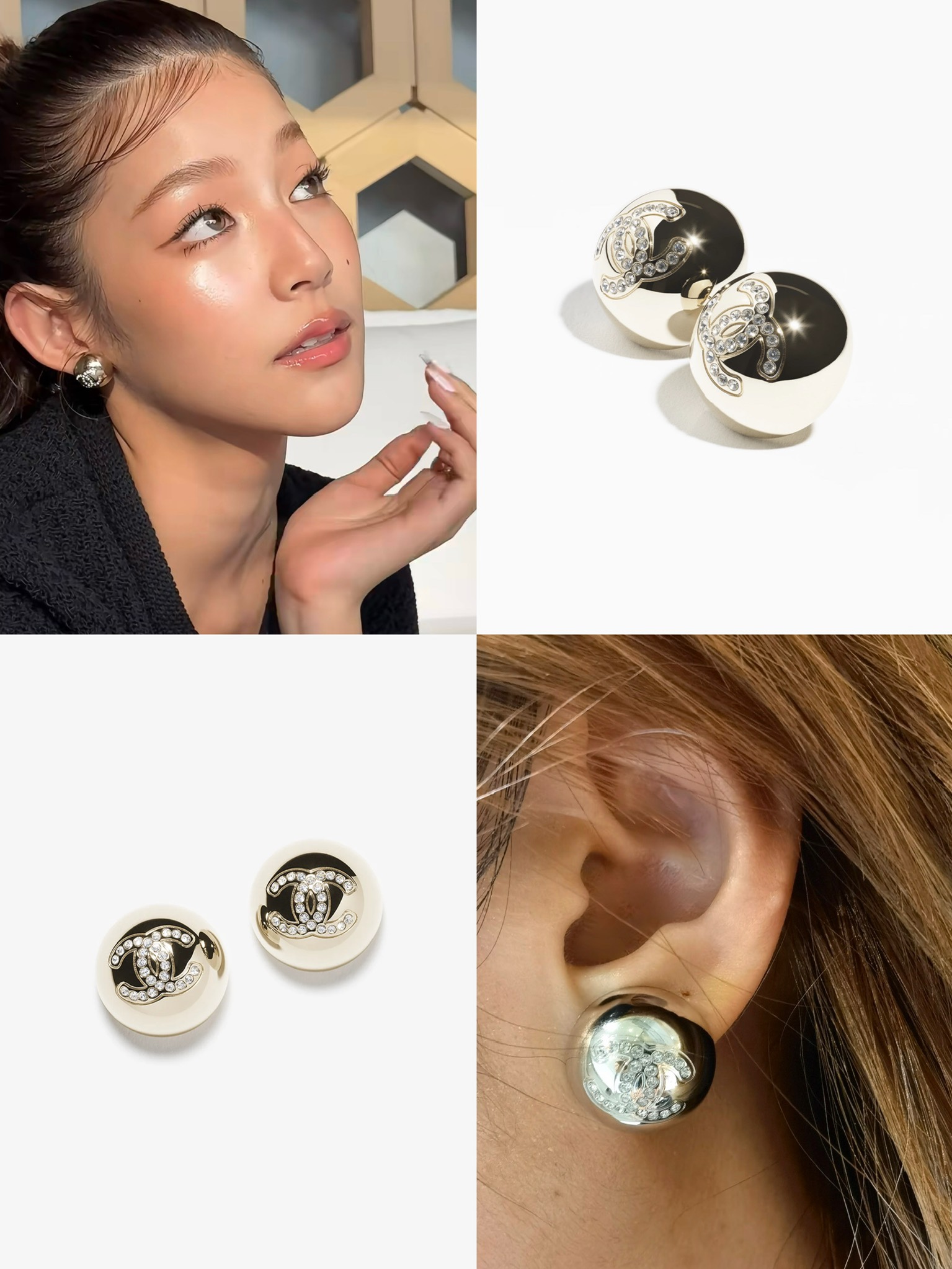 샤넬 크리스털 CC 로고 투톤 라운드 버튼 클립온 이어링
