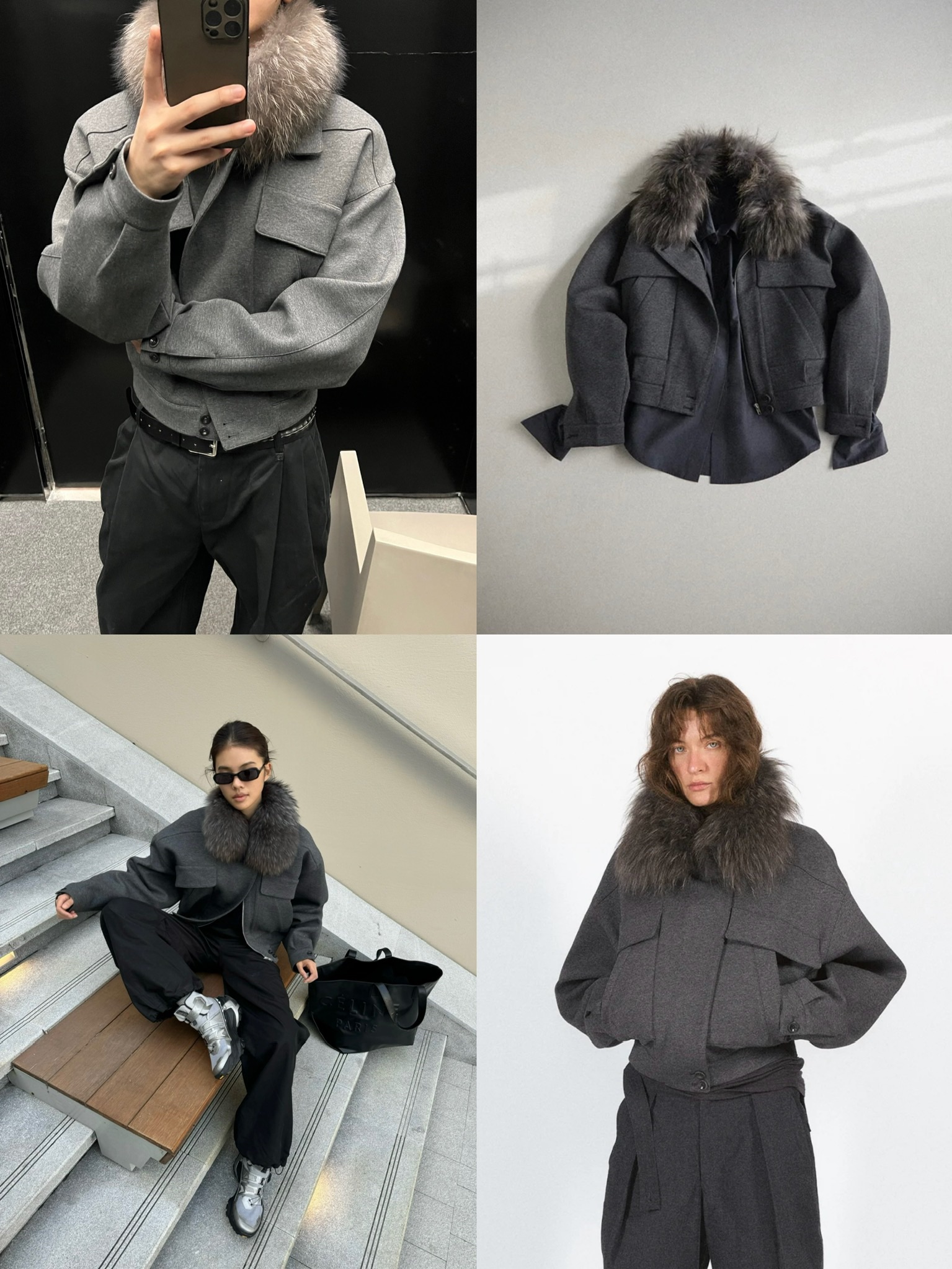노브랜드 폭스 퍼 칼라 크롭 울 블루종 재킷