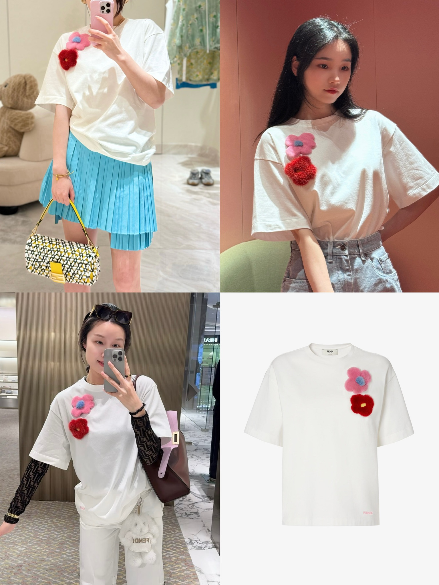 펜디 밍크 퍼 플라워 아플리케 코튼 티셔츠