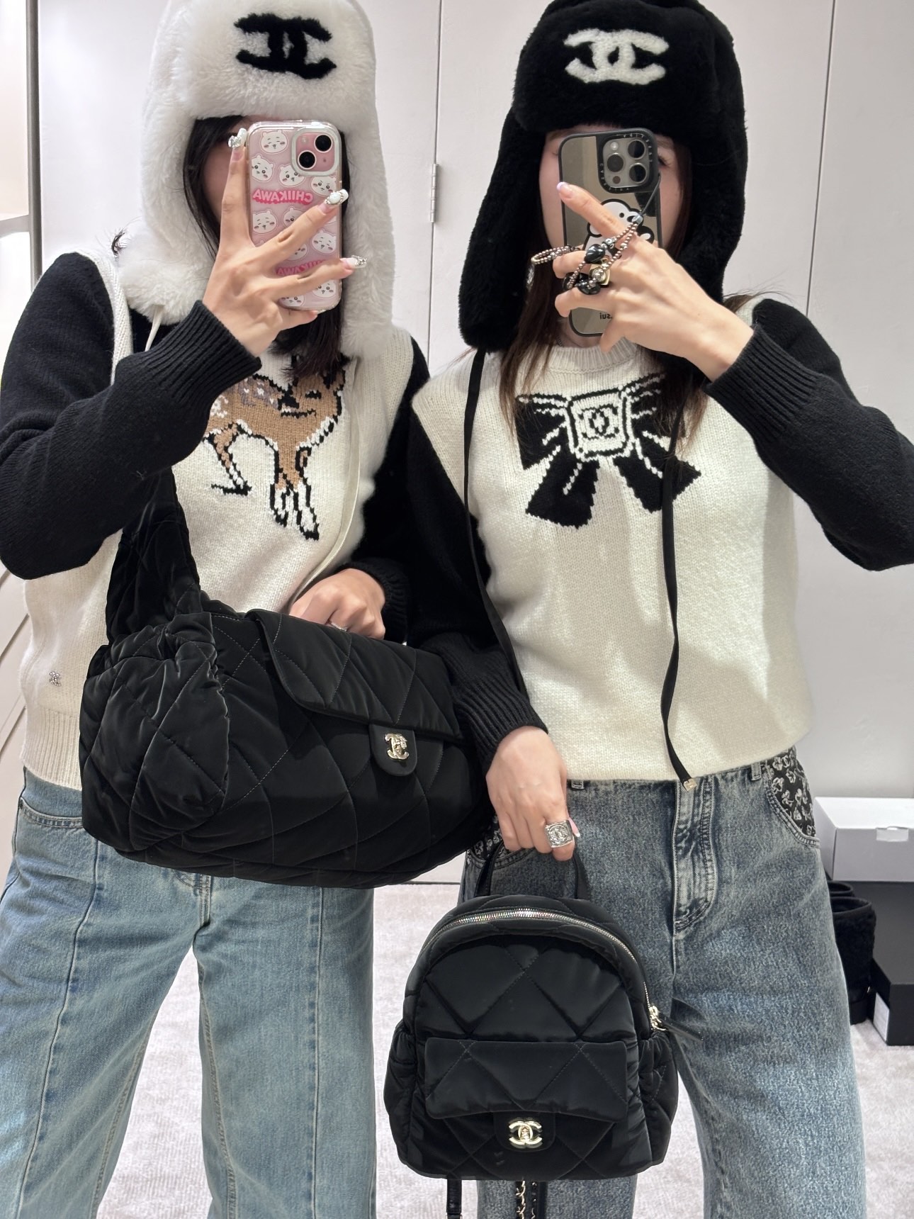 샤넬 코코 네쥬 퀼팅 나일론 스키 쇼핑백 미디엄