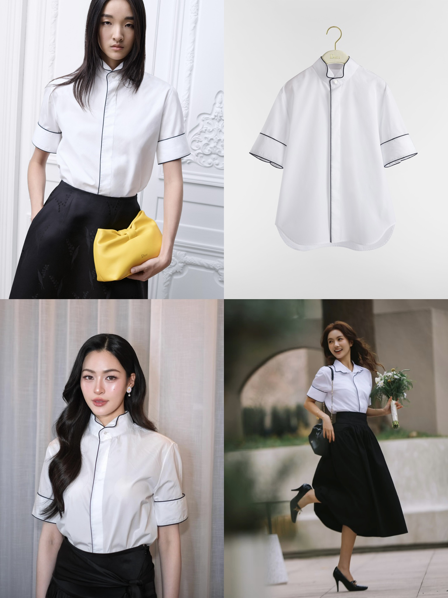 디올 블랙 파이핑 트리밍 쇼트슬리브 실크 셔츠