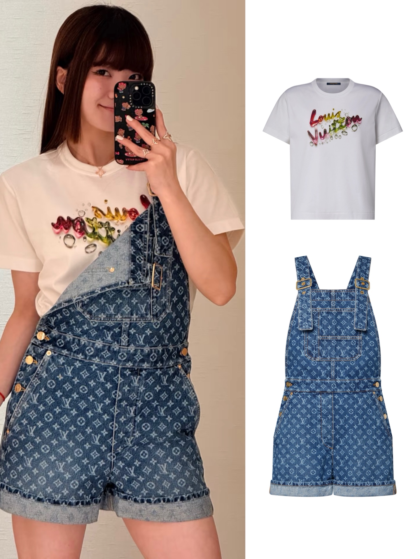 루이 비통 모노그램 데님 쇼트 오버롤 및 Louis Vuitton 그래피티 로고 반소매 티셔츠
