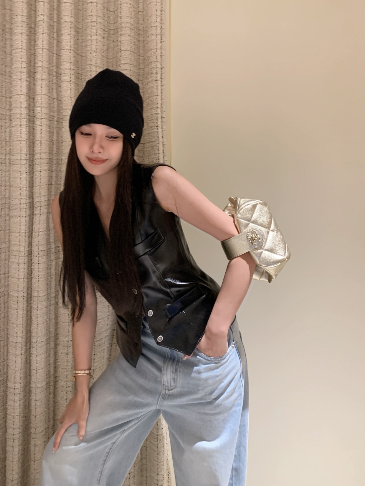 샤넬 램스킨 크리스털 버튼 프런트 베스트