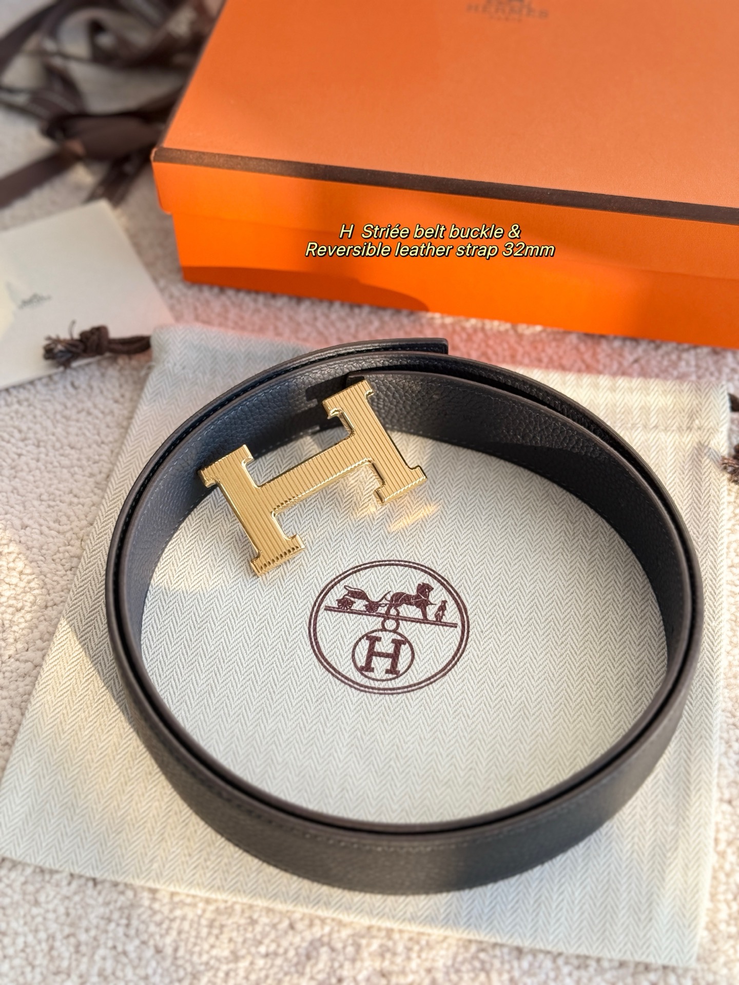 에르메스 H 스트리예 버클 리버서블 가죽 벨트 32mm