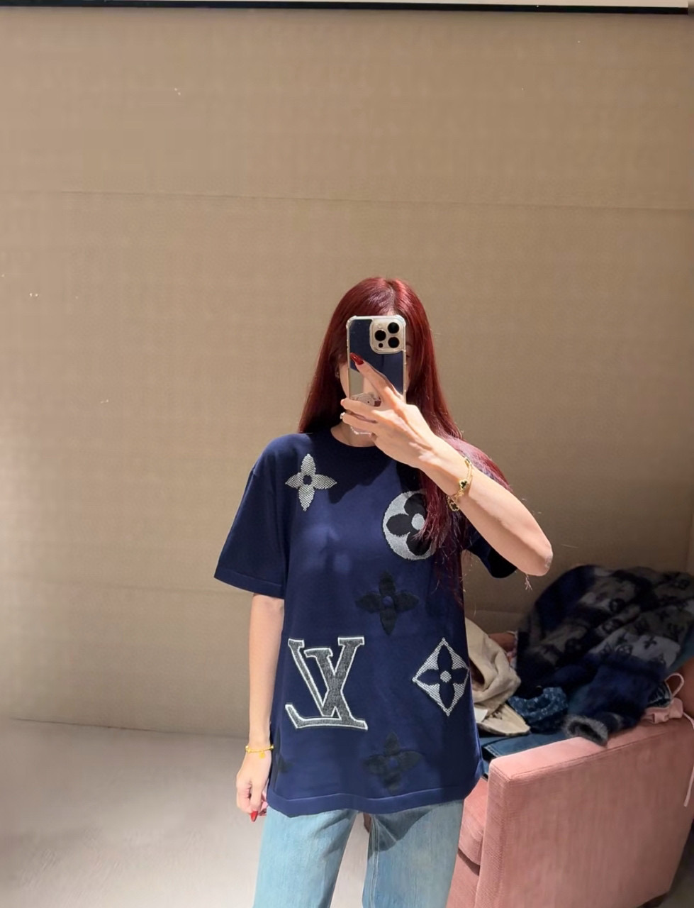 루이 비통 모노그램 인타르시아 오버사이즈 반소매 니트 탑