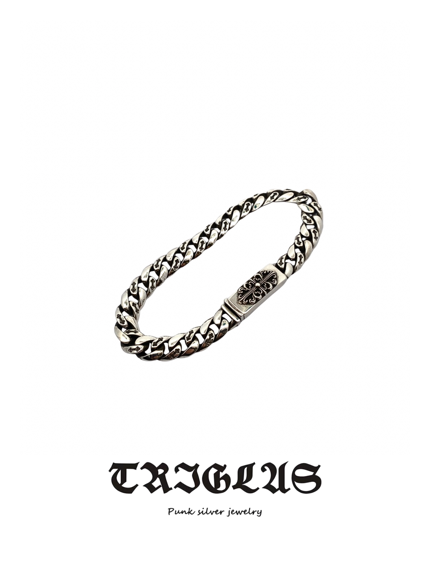 트리글러스(TRIGLUS) 롱 크로스 플로럴 인그레이빙 체인 브레이슬릿