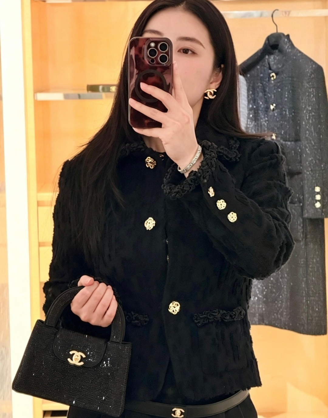 샤넬 CC 버튼 프린지 트위드 재킷