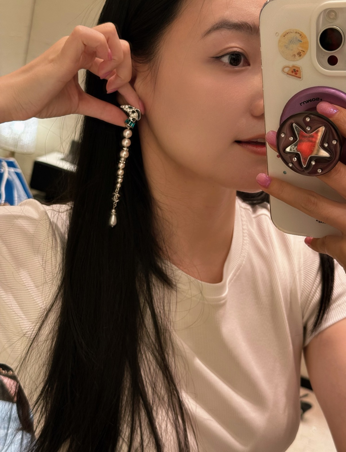 크롬하츠 크로스·진주 체인 드롭 이어링