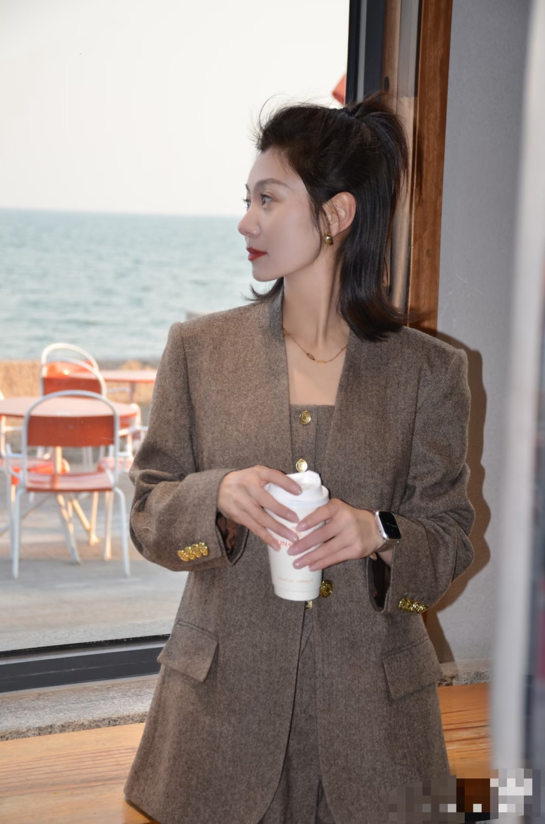 막스마라 울 헤링본 싱글 브레스트 블레이저·베스트·와이드 팬츠 3피스 수트 세트