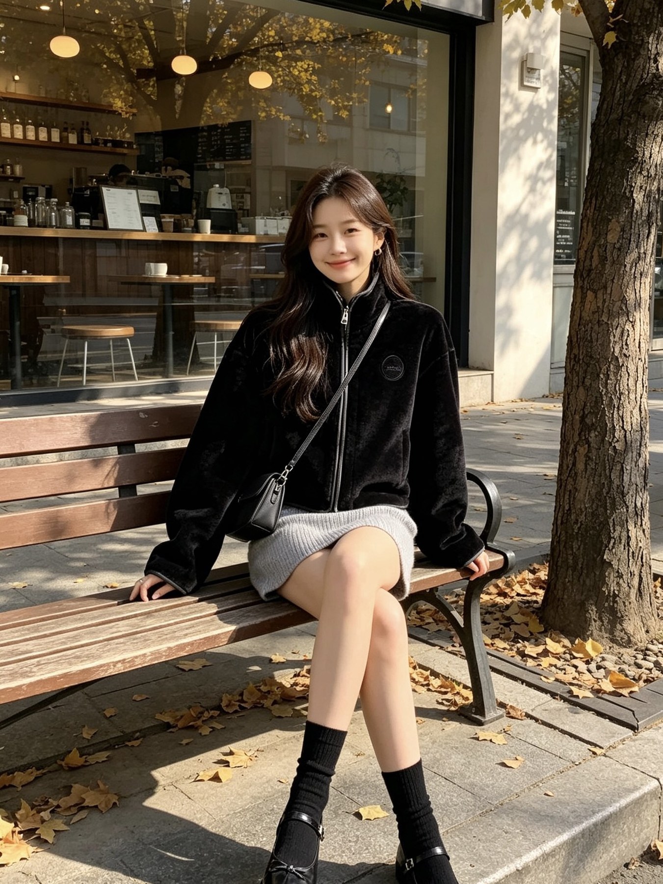 마뗑킴 로고 패치 하이넥 벨벳 집업 재킷