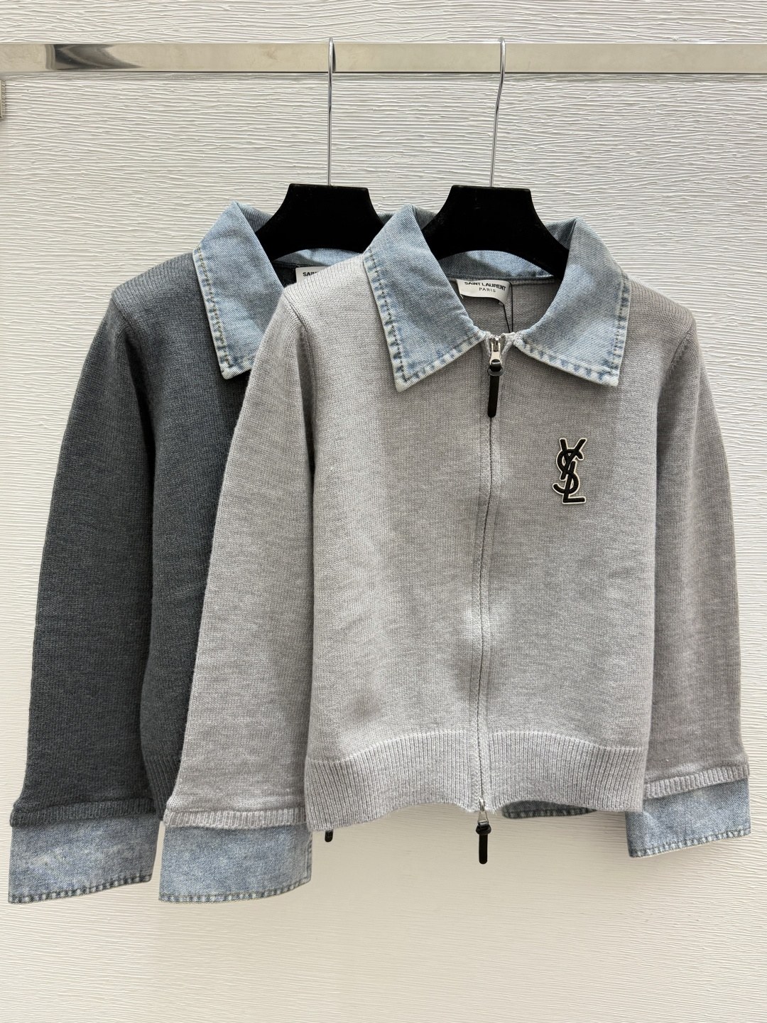 생 로랑 YSL 모노그램 데님 칼라 집업 니트 가디건