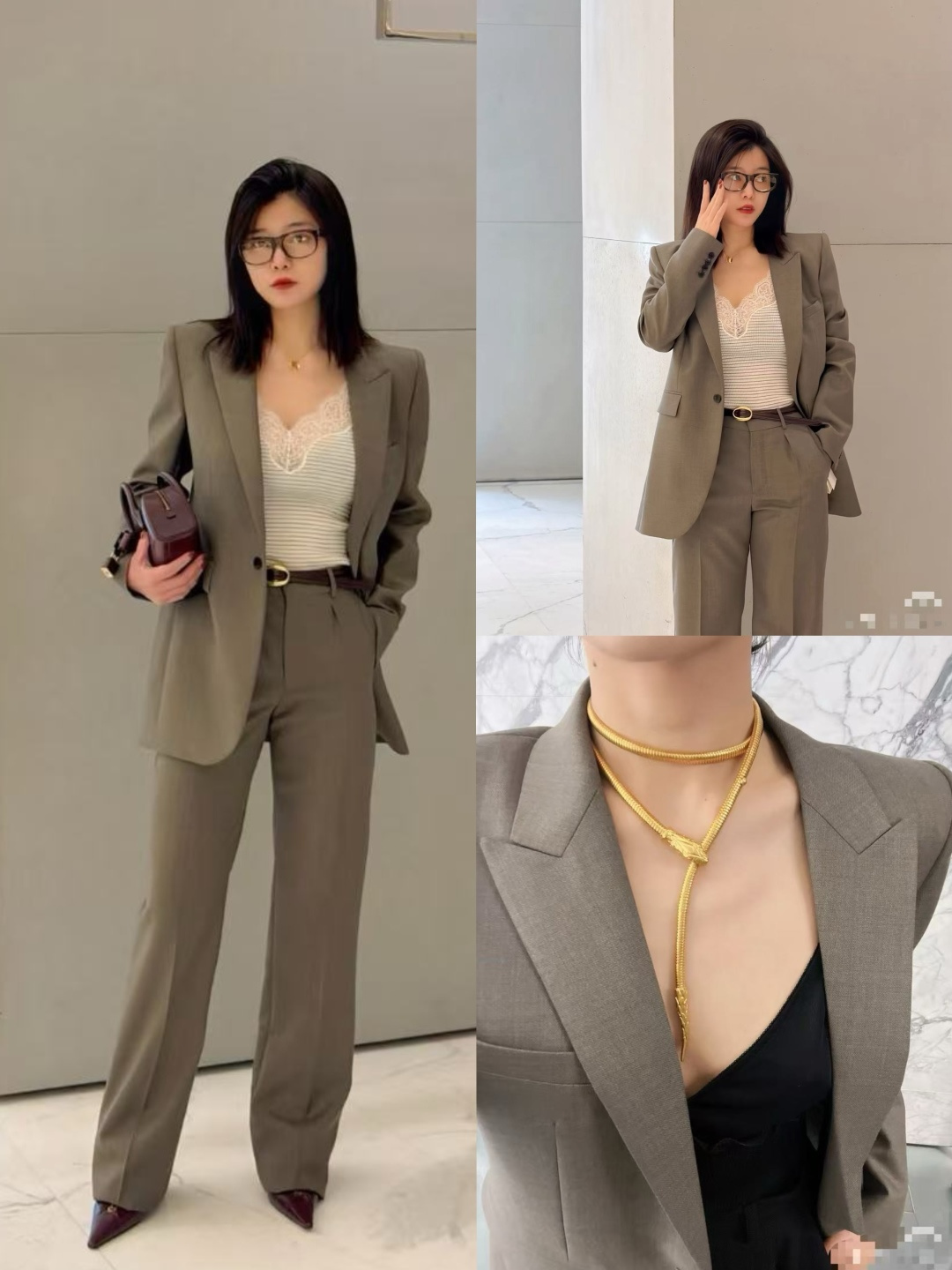 생 로랑 파워 숄더 싱글브레스트 블레이저 & 스트레이트 와이드 팬츠 수트 세트