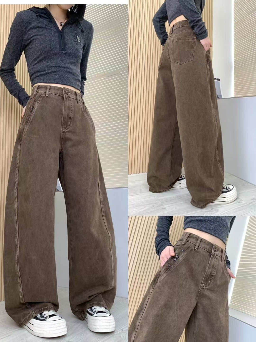 크롬하츠 CH 플러스 버튼 와이드 레그 워시드 데님 팬츠