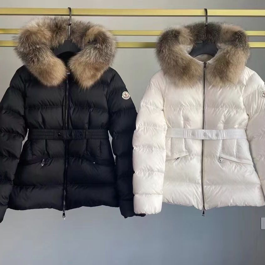 몽클레르 폭스퍼 트리밍 벨티드 후드 다운 재킷