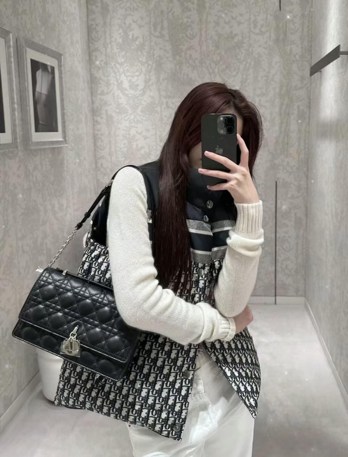 디올 레이디 디올 까나쥬 퀼팅 탑핸들 체인 숄더백