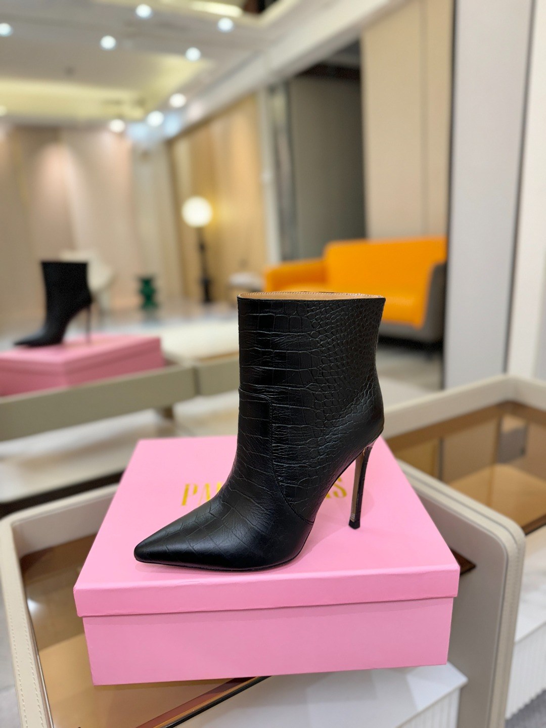 파리 텍사스 크로코 엠보싱 스틸레토 힐 앵클부츠