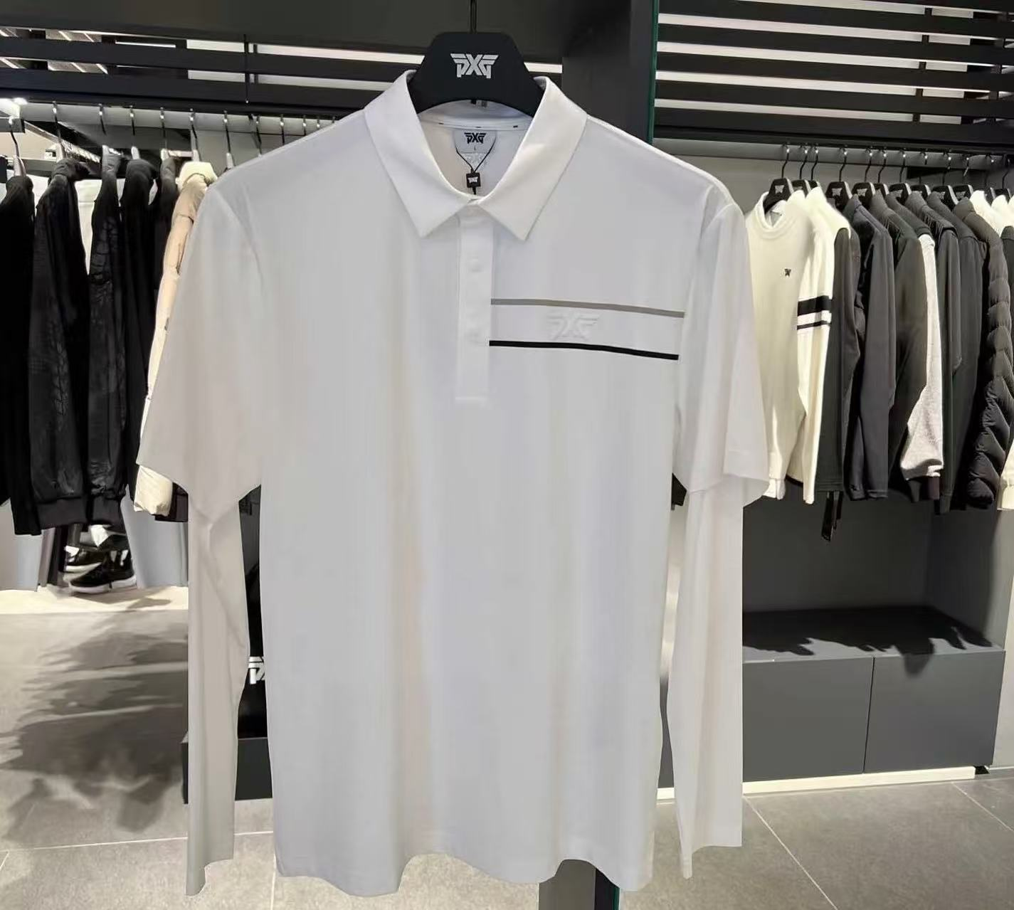 PXG 남성 체스트 스트라이프 로고 퍼포먼스 반팔 폴로 셔츠