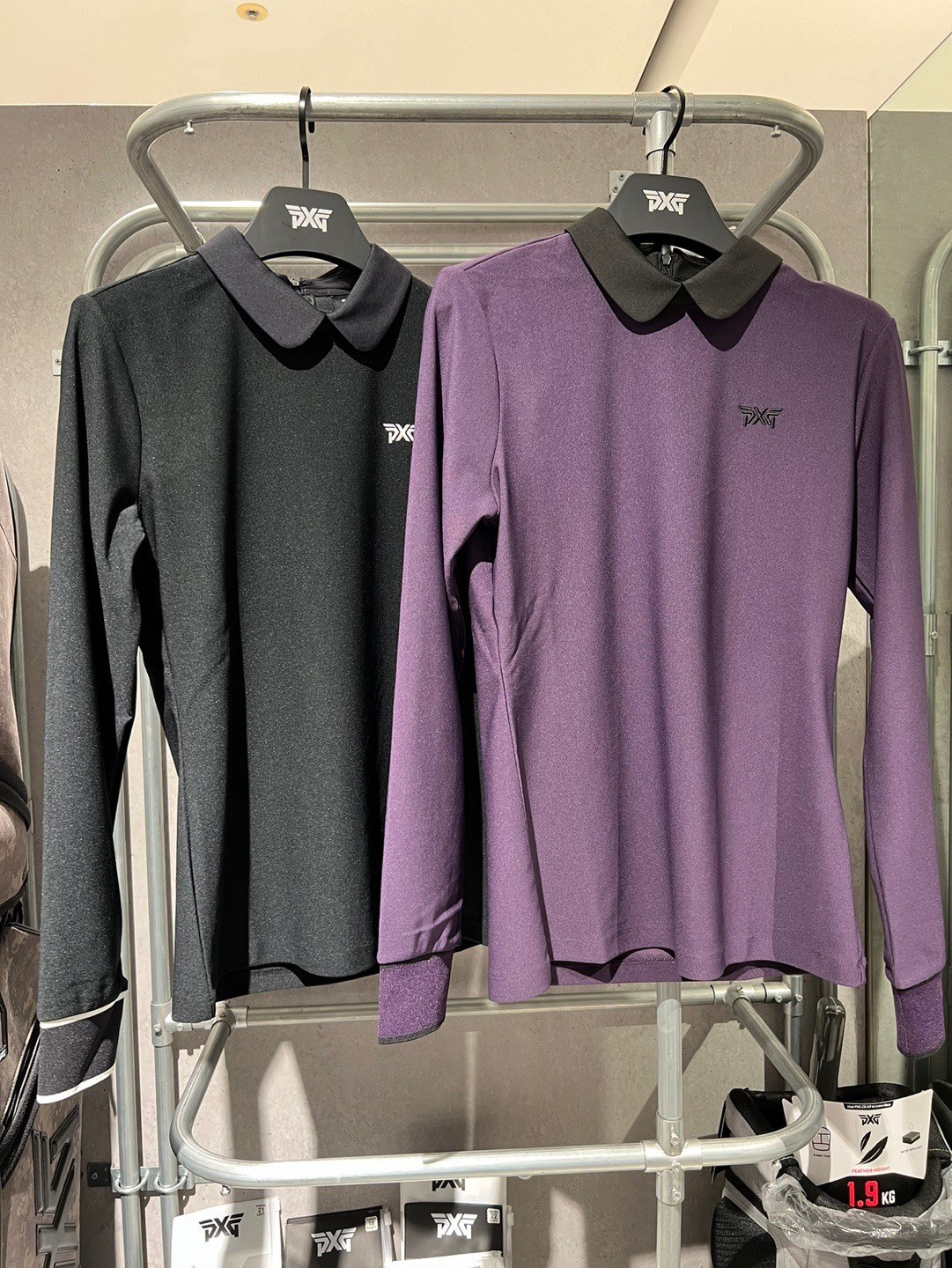 PXG 여성 로고 자수 배색 피터팬 칼라 긴팔 탑