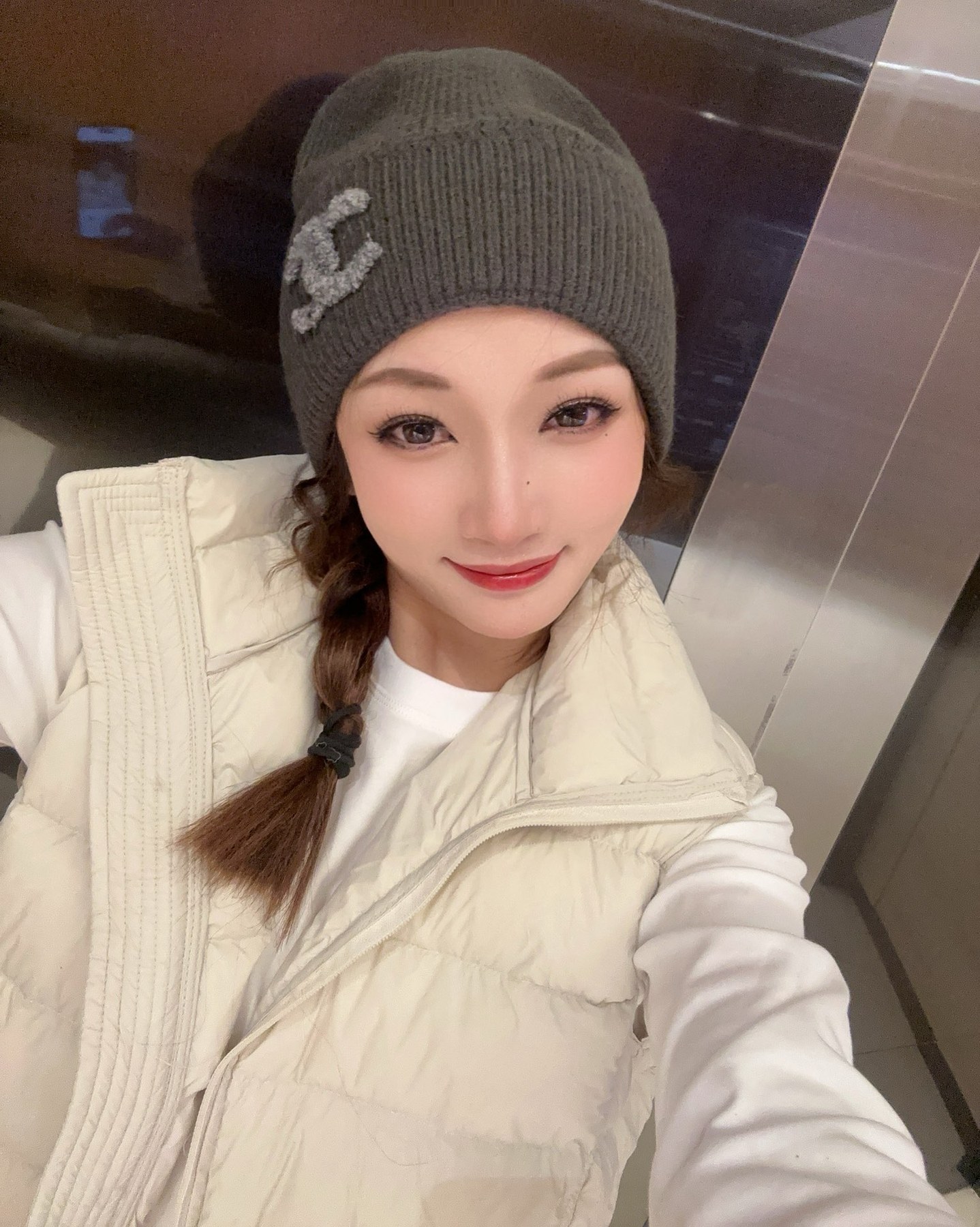 샤넬 CC 로고 리브 니트 비니