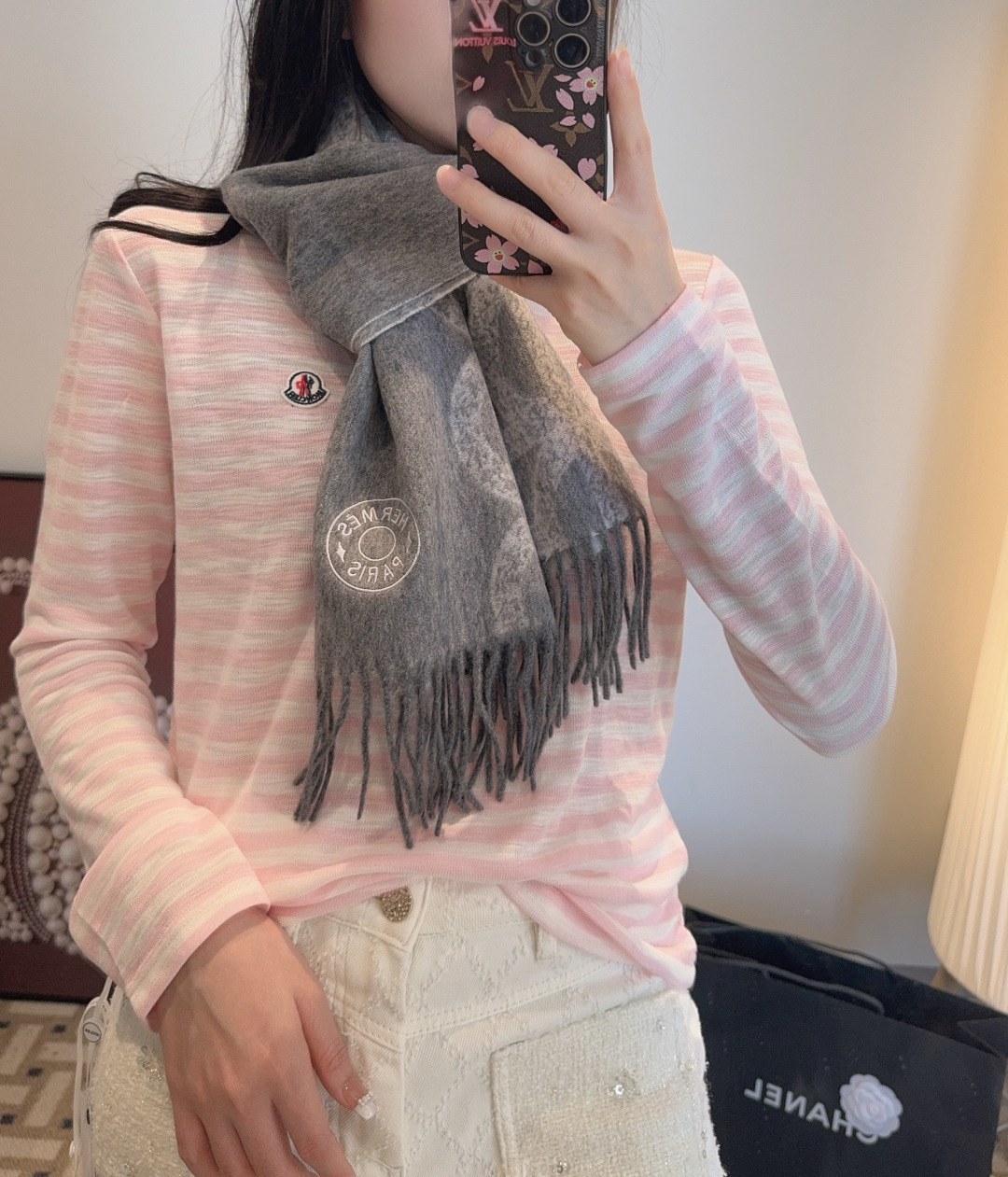 에르메스 더블페이스 캐시미어 프린지 머플러 (HERMÈS PARIS 원형 로고·체인 모티프)