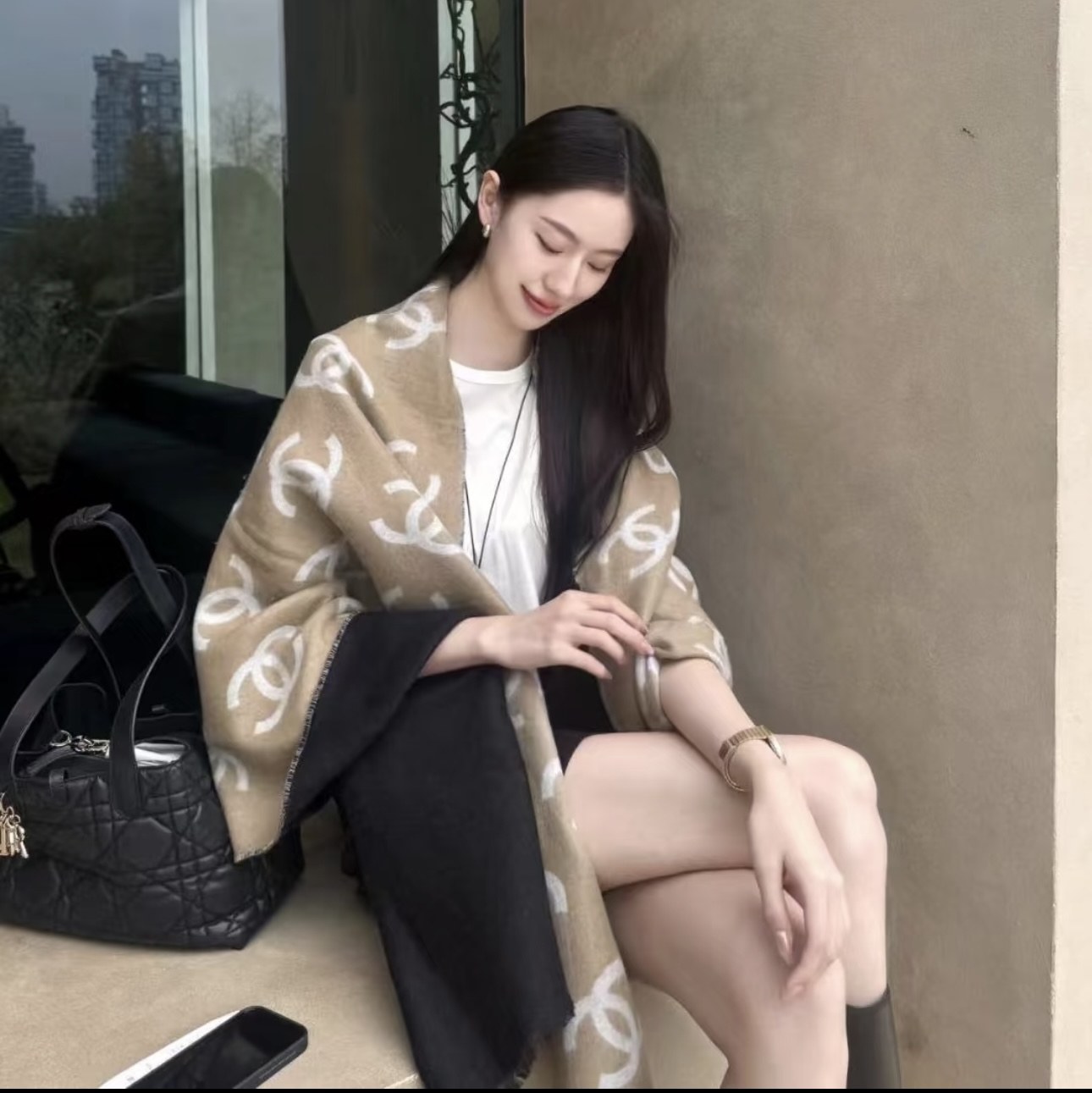샤넬 CC 로고 리버서블 캐시미어 스카프 숄