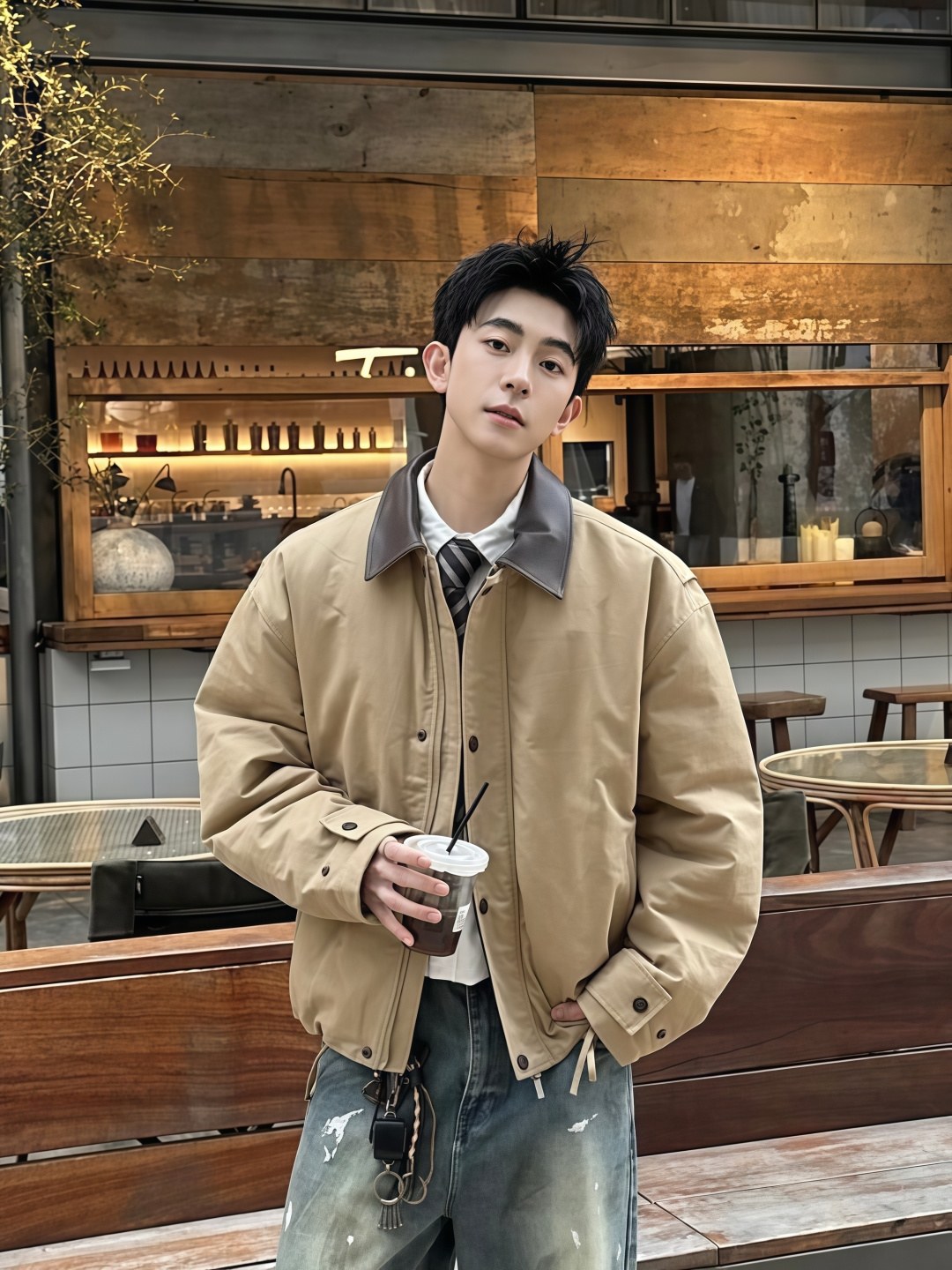 아크네 스튜디오 가죽 칼라 카키 패디드 코튼 재킷