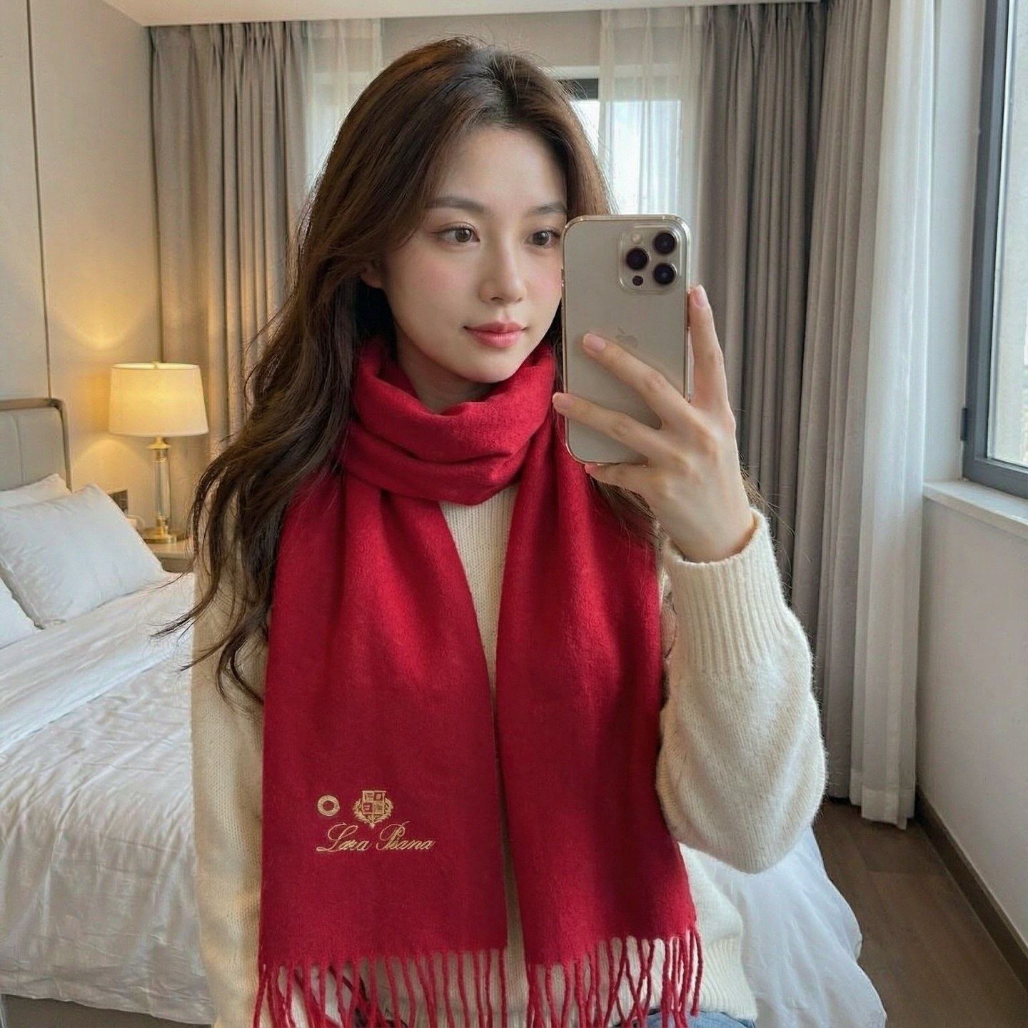 로로피아나 로고 자수 캐시미어 프린지 머플러