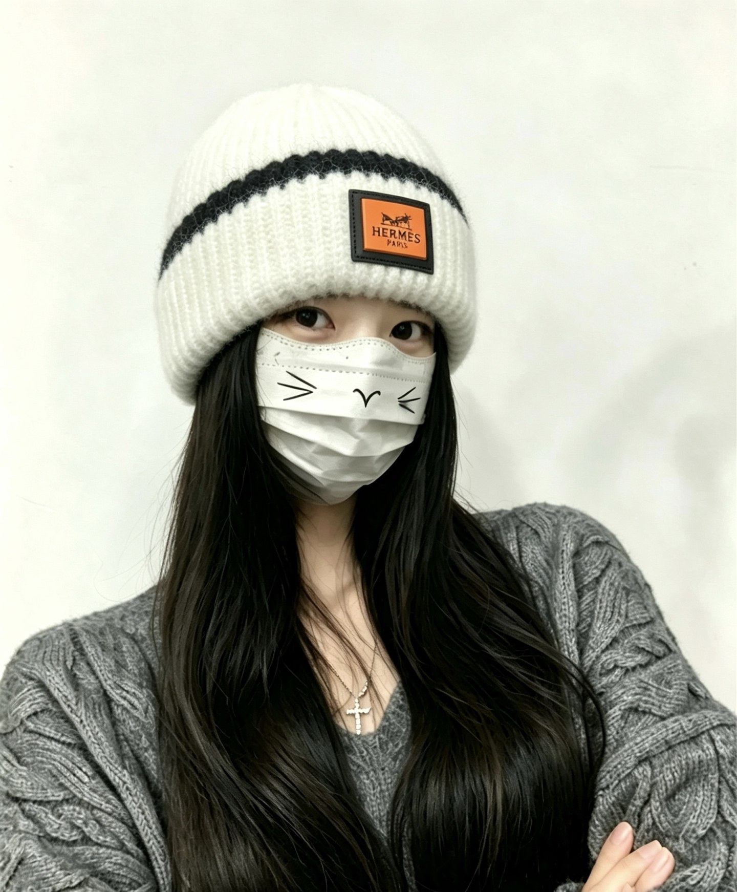 에르메스 로고 패치 스트라이프 리브 니트 비니