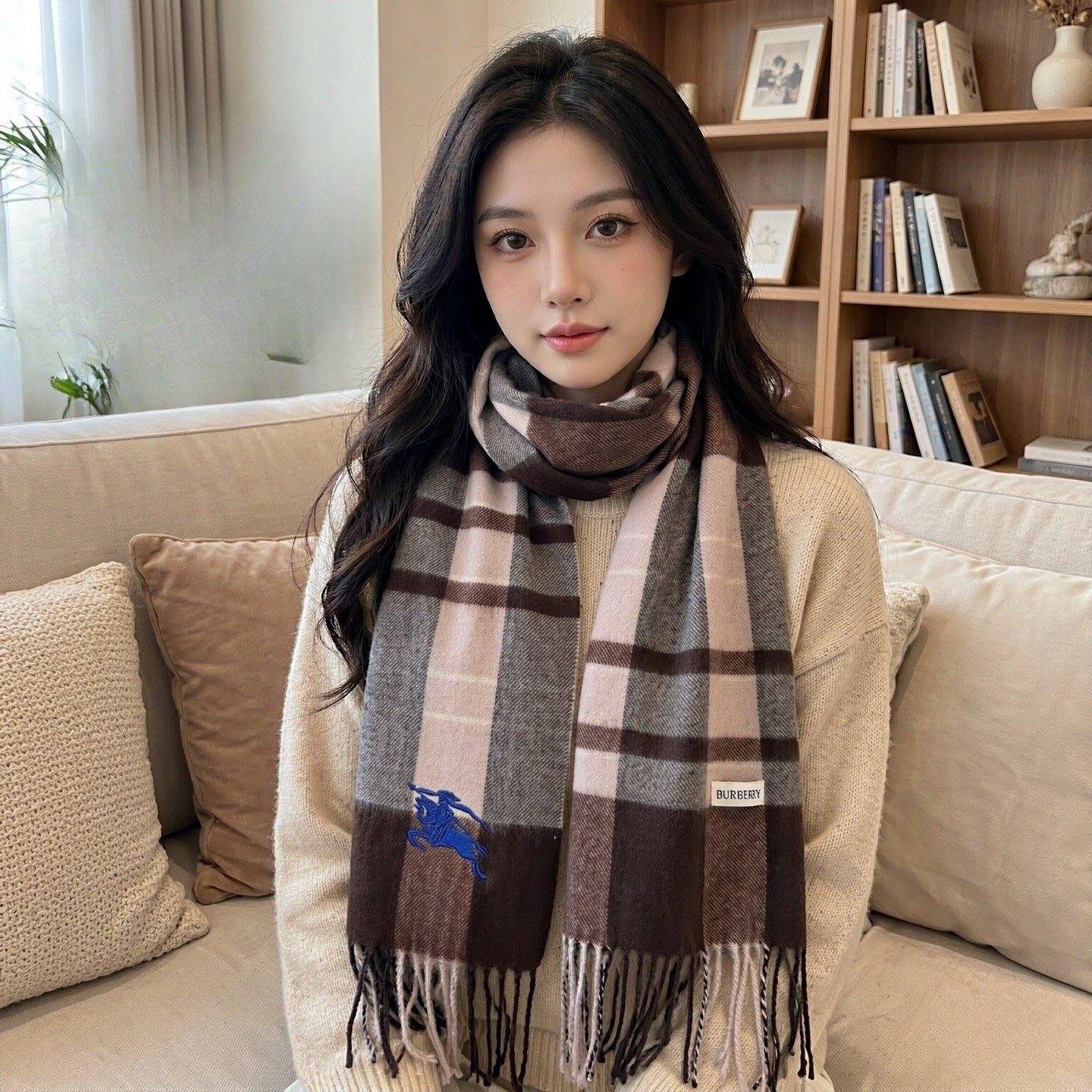 버버리 체크 자수 나이트 블루 라벨 프린지 머플러