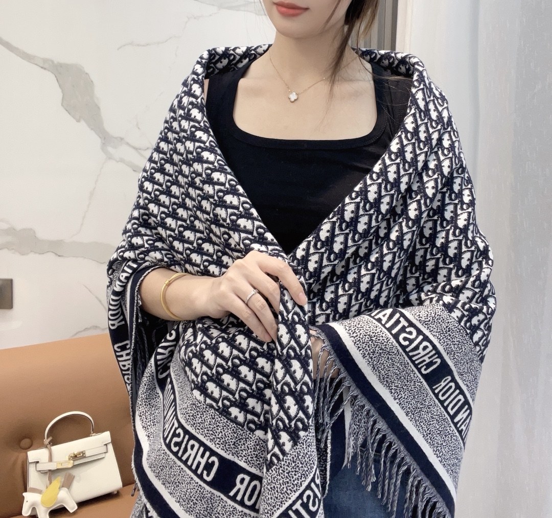 디올 오프화이트/네이비 디올 오블리크 로고 프린지 스퀘어 숄