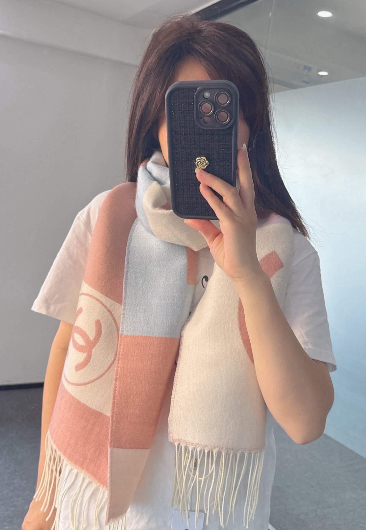 샤넬 CC 로고 컬러블록 프린지 양면 스카프