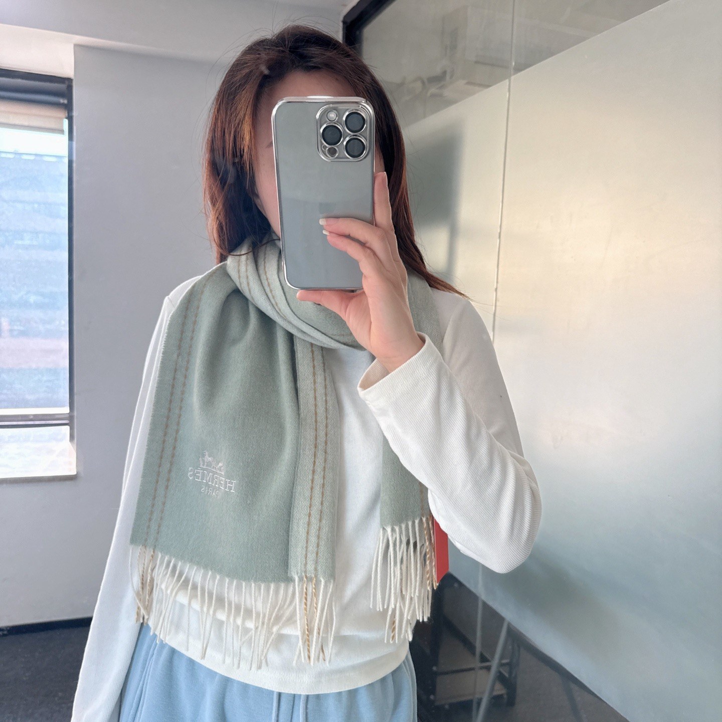 에르메스 마차 자수 로고 프린지 양면 머플러
